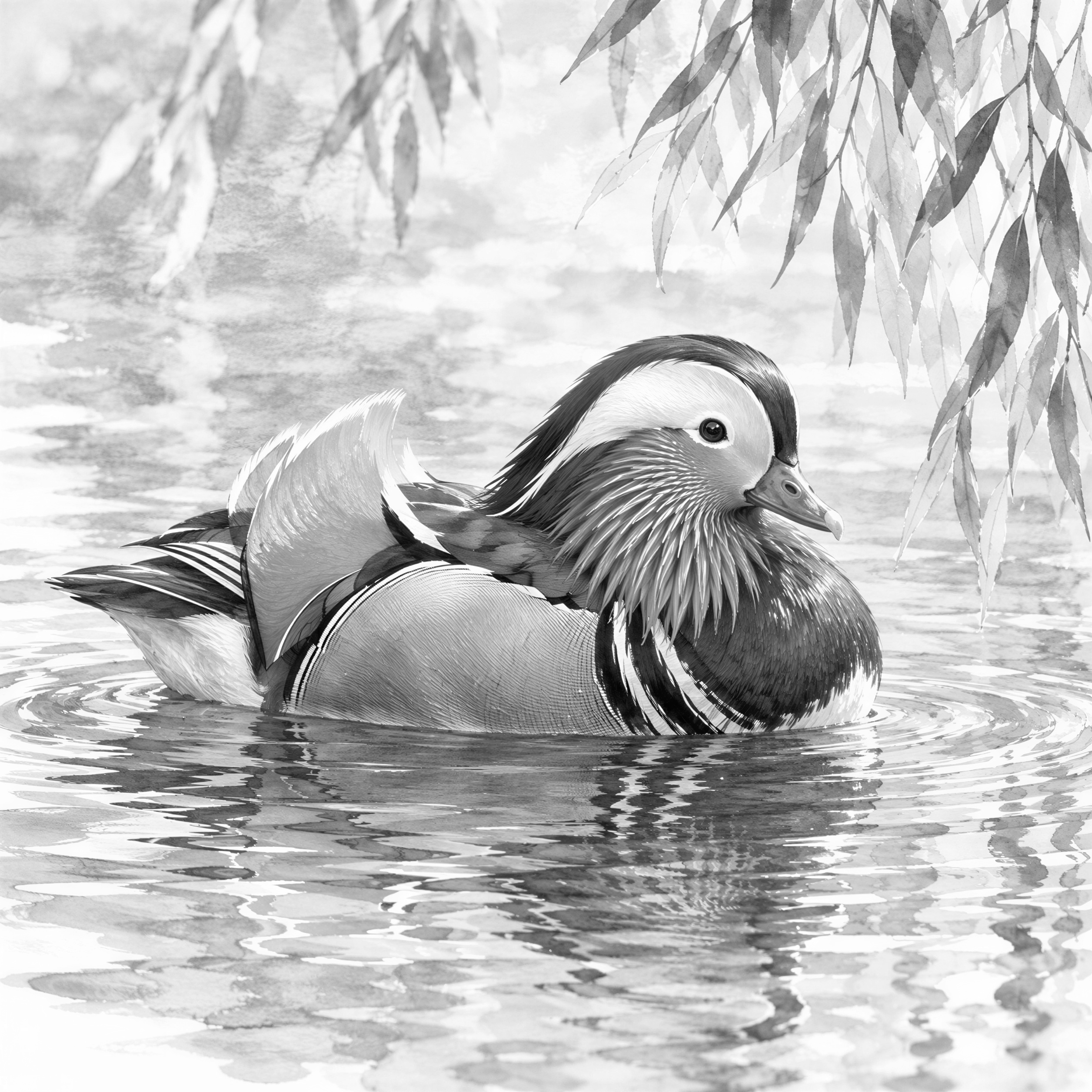 A vibrant mandarin duck resting on calm rippling water, painted - Free ...