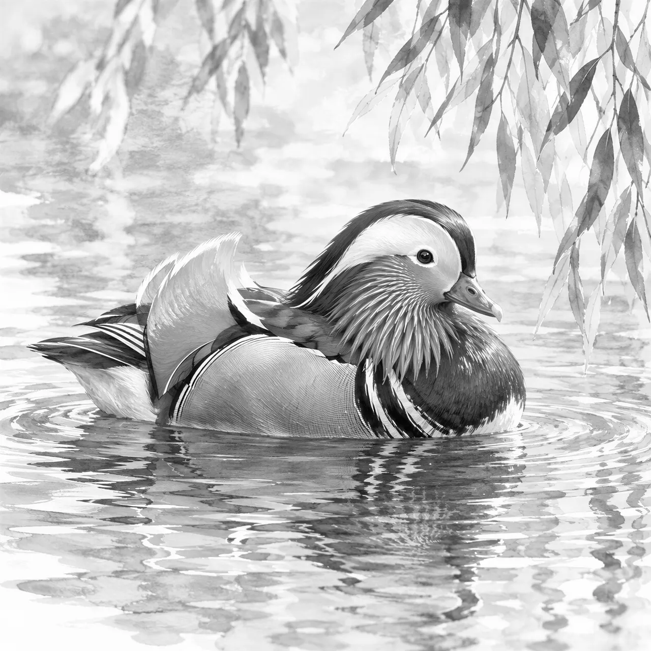 A vibrant mandarin duck resting on calm rippling water, painted in delicate watercolor style with fine brush textures, soft sunlight filtering through overhanging willow branches, complementary orange and blue palette, high-resolution scan for artistic wallpaper use.