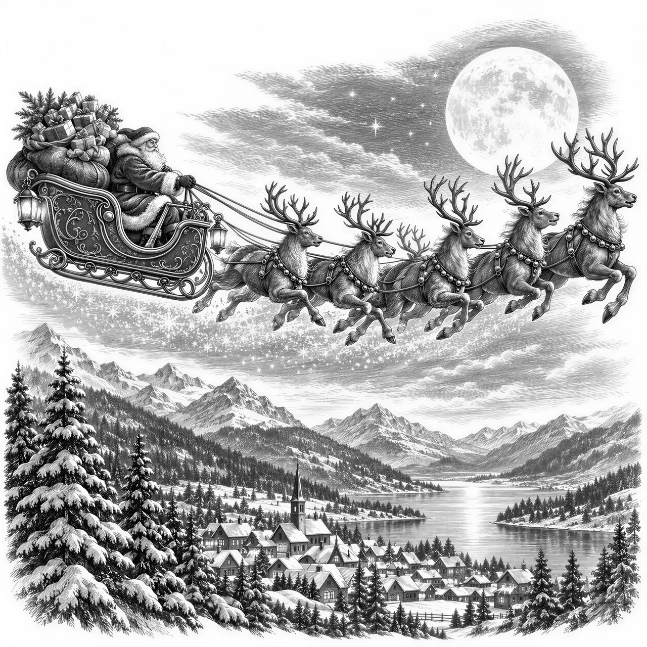 Create a black-and-white vector engraving of an epic Christmas night landscape. In the sky, Santa Claus flies across the entire panorama in an ornate sleigh pulled by a team of powerful reindeer in dynamic motion, each one uniquely detailed with muscles, fur texture, and wind-swept movement. The sleigh should glow with lanterns (indicated by subtle line-based highlights) and contain a large, overflowing sack of gifts illustrated with rich cross-hatching.