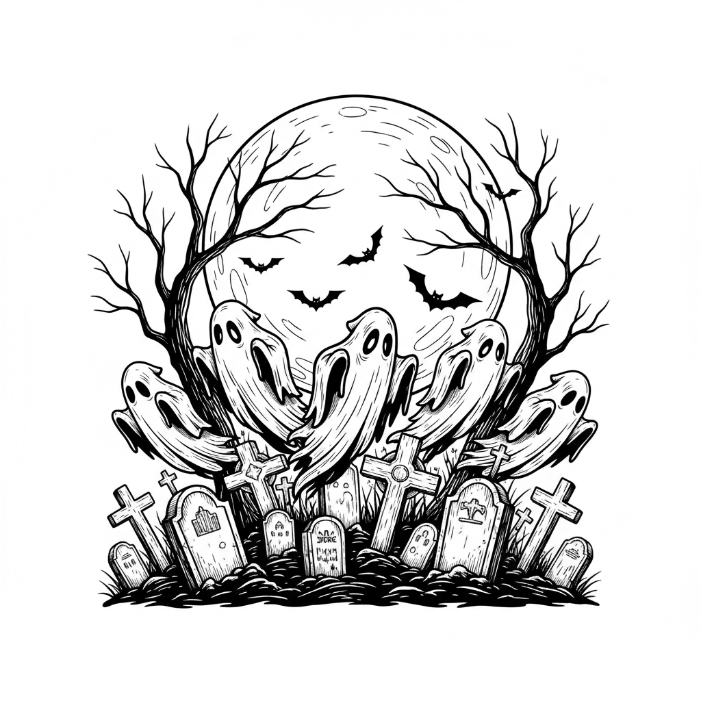 A group of mysterious Halloween ghosts emerging from an old graveyard, crooked tombstones, dead trees, bats and a large full moon, spooky gothic atmosphere, highly detailed hand-drawn pencil engraving, black and white, strong contrast, fine detailed linework, no color, no text, clean white background, laser engraving ready