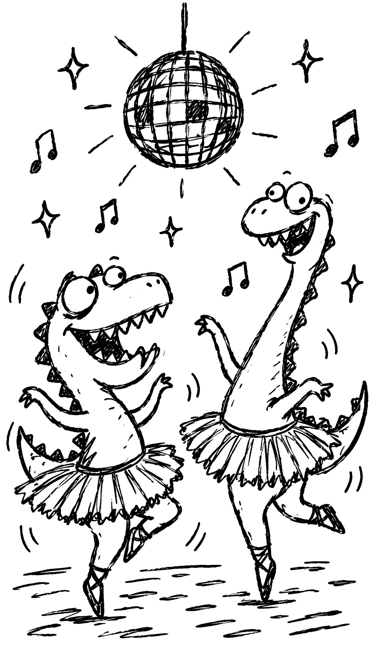 Zwei tanzende Dinosaurier in Tutus unter einer Discokugel, grobe Kritzelei mit viel Persönlichkeit und Humor