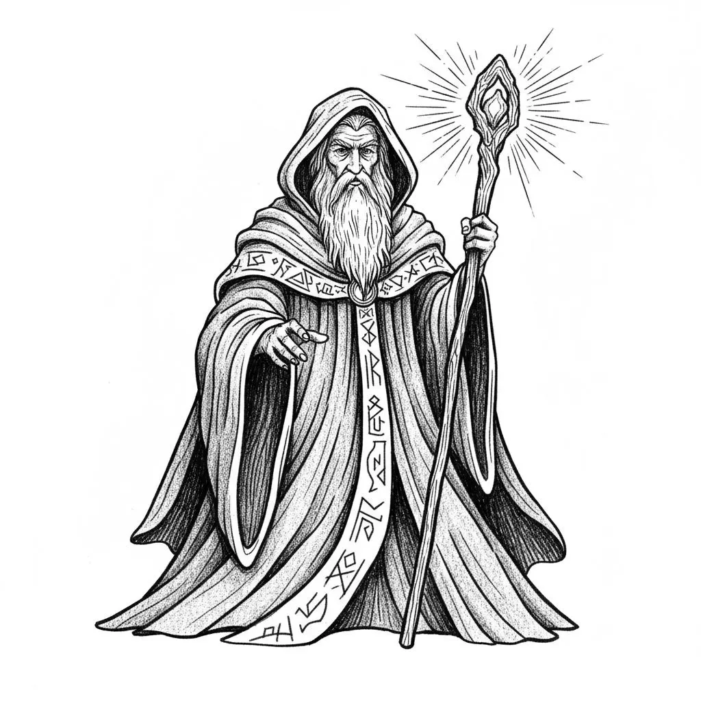 Intricate pencil illustration, wise old sorcerer holding a glowing wooden staff, flowing robes, surrounded by subtle magic runes, fine stippling and hatching, clean outline, vector witch style
Motiv: Zauberer mit Holzstab, fließenden Gewändern und feinen Schraffuren.