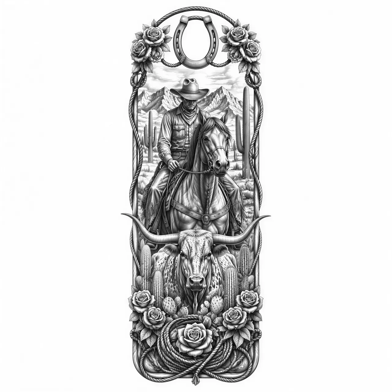 Premium narrow vertical Wild West bookmark, majestic cowboy riding a horse in the center, Texas Longhorn below, cowboy hat, horseshoe, rope, cactus, western roses and distant mountains integrated into one elegant ornamental composition, highly detailed pencil engraving, black and white, strong contrast, crisp clean contours, intricate fine linework, no text, no color, perfectly balanced for a bookmark and laser engraving