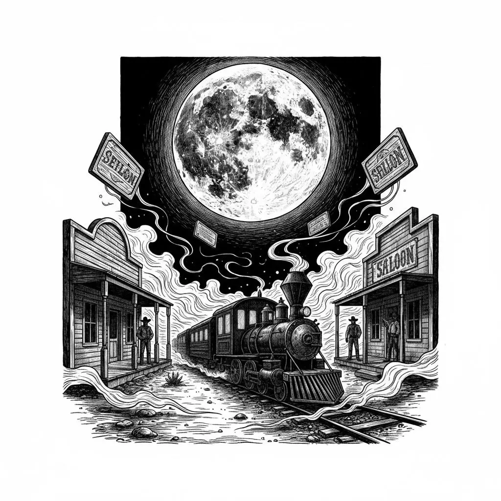 Der Geisterzug von Black Hollow
Ein verlassener Western-Ort mitten in der Nacht, durch die staubige Hauptstraße fährt ein halb transparenter Zug aus schwarzem Holz und verrostetem Metall, seine Fenster leuchten mit geisterhaftem türkisfarbenem Licht, Cowboys aus einer längst vergangenen Zeit stehen reglos auf den Veranden, riesiger Vollmond, mystischer Wüstennebel, alte Saloon-Schilder schweben in der Luft, düstere Western-Magie, cinematic lighting, ultra detailed, atmospheric, photorealistic, 35mm film look
