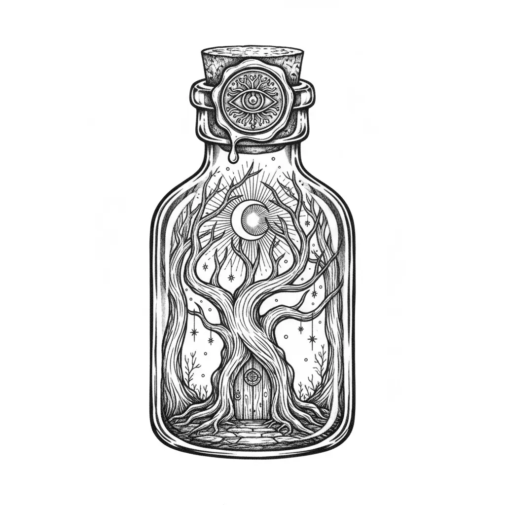 A tiny antique glass bottle containing an entire miniature enchanted forest, tiny moon, stars, twisted tree and mysterious doorway visible inside, cork sealed with an ornate symbol, magical collectible artifact, highly detailed pencil engraving, black and white, intricate linework, no text