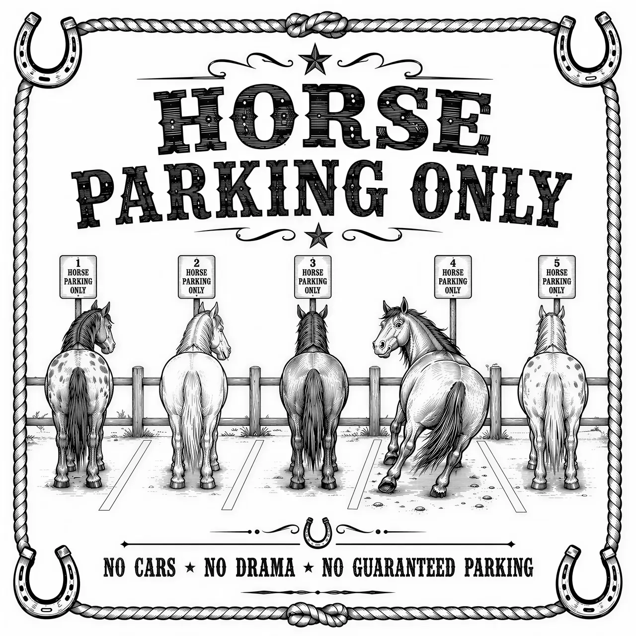 A funny ranch sign showing a row of horses standing in parking spaces like cars. Each horse has its own tiny parking sign. One horse is parked completely crooked. Main text: “HORSE PARKING ONLY” Small text: “NO CARS • NO DRAMA • NO GUARANTEED PARKING” Vintage western aesthetic, humorous details, bold readable typography, clean line engraving, horseshoes and rope border, black and white, no gradients, no gray tones, suitable for pyrography and laser engraving.