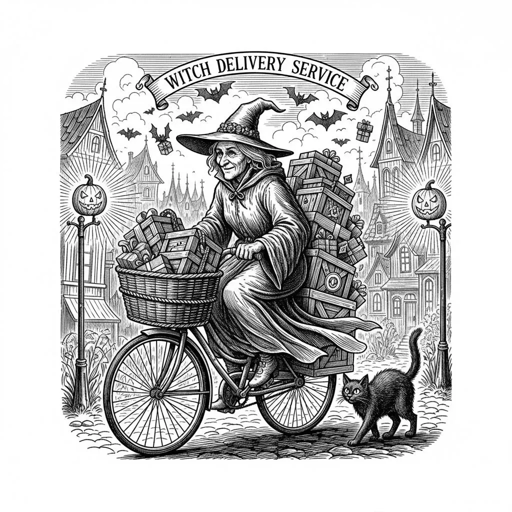 „Witch Delivery Service“ 📦
Whimsical gothic Halloween engraving, an old witch delivering mysterious wooden crates by bicycle through a haunted village, bats carrying tiny parcels, pumpkins used as street lamps, curious black cat following her, Victorian storybook engraving style, highly detailed black and white linework, clean contours, centered composition