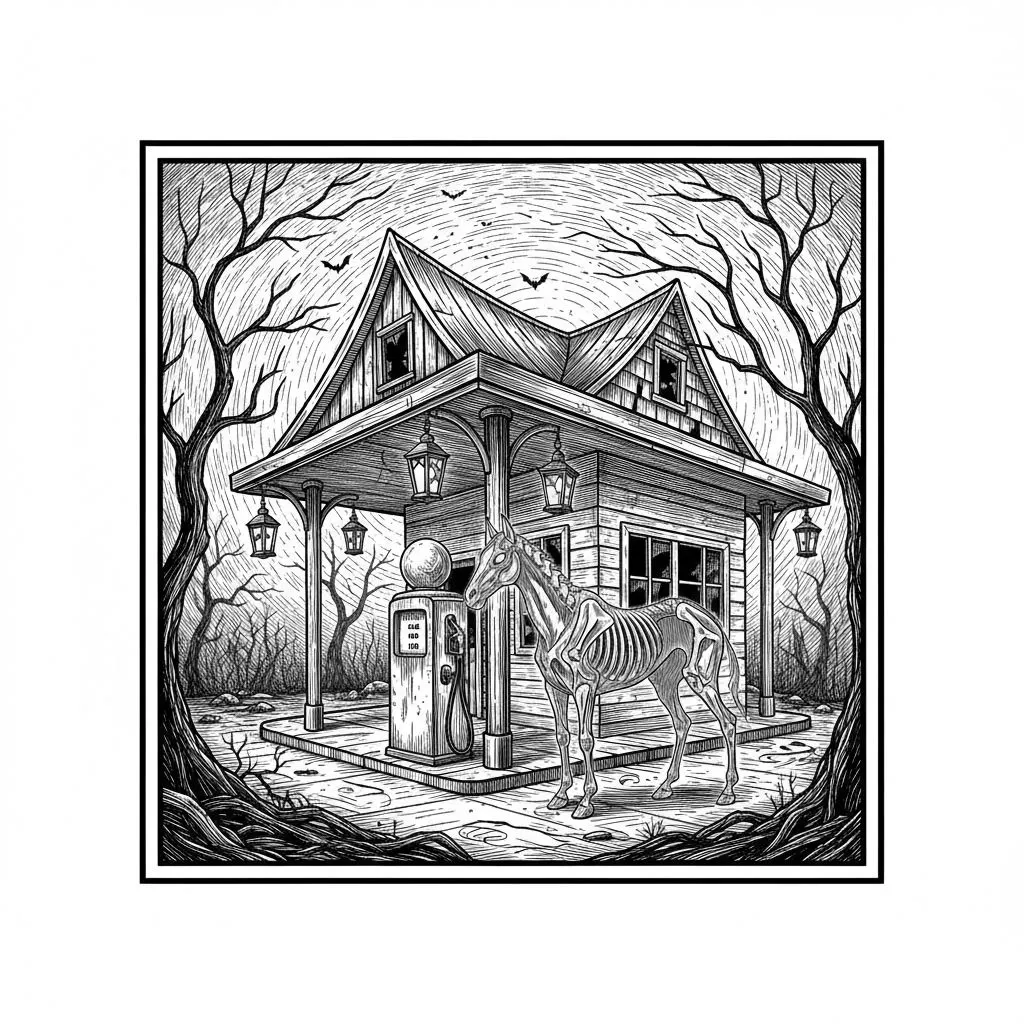 „The Haunted Night Shift“
Vintage black and white engraving design, a completely abandoned 1920s gas station at midnight, a ghostly horse waiting beside an old fuel pump, crooked lanterns, dead trees, tiny bats in the distance, mysterious fog, eerie but elegant, highly detailed Victorian engraving, strong clean outlines, no color, no background, centered composition, suitable for laser engraving