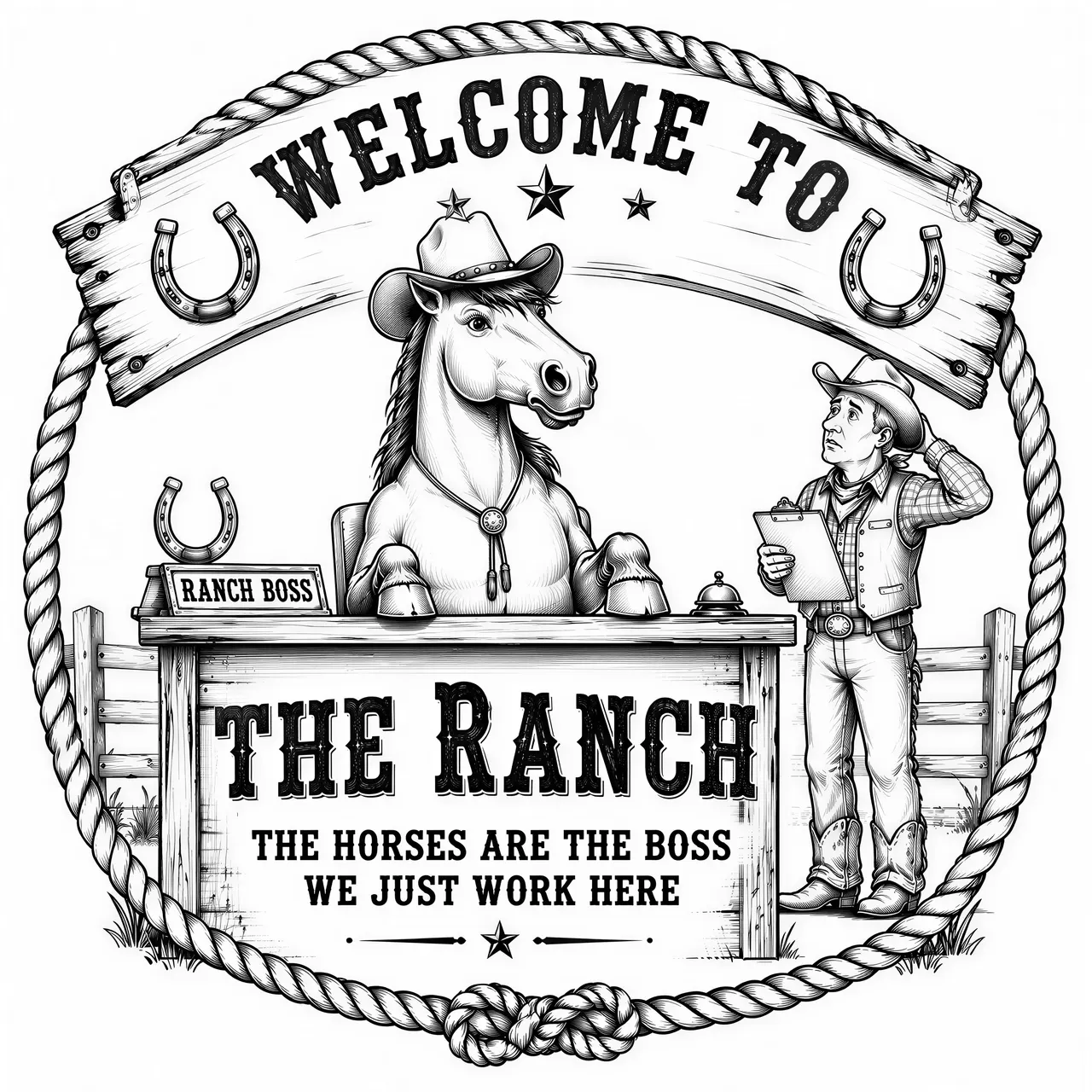 Create a humorous rustic western ranch sign featuring a proud horse standing behind a wooden ranch office desk, wearing a cowboy hat and looking like the boss. A human cowboy stands beside the desk looking confused and holding a clipboard.
Main text:
“WELCOME TO THE RANCH”
Secondary text:
“THE HORSES ARE THE BOSS
WE JUST WORK HERE”
Rustic western typography, horseshoes, rope border, wooden fence and small stars as decorative elements. Bold clean line art, strong silhouettes, excellent negative space, black and white only, no gradients, no grayscale, no photorealism, optimized for laser engraving and pyrography.
