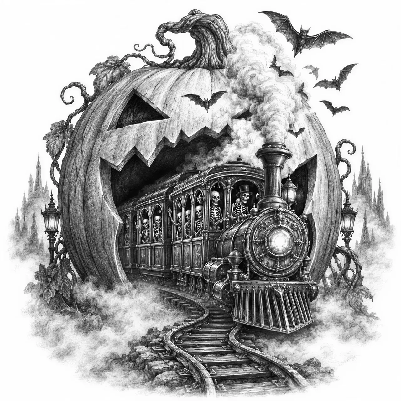 „Midnight Pumpkin Train“ 🚂
Vintage Halloween engraving of a tiny ghost train emerging from an enormous carved pumpkin, skeleton passengers visible through the windows, bats flying around the chimney, twisted railway tracks disappearing into fog, Victorian steampunk gothic aesthetic, intricate black and white linework, highly detailed, symmetrical composition, no text