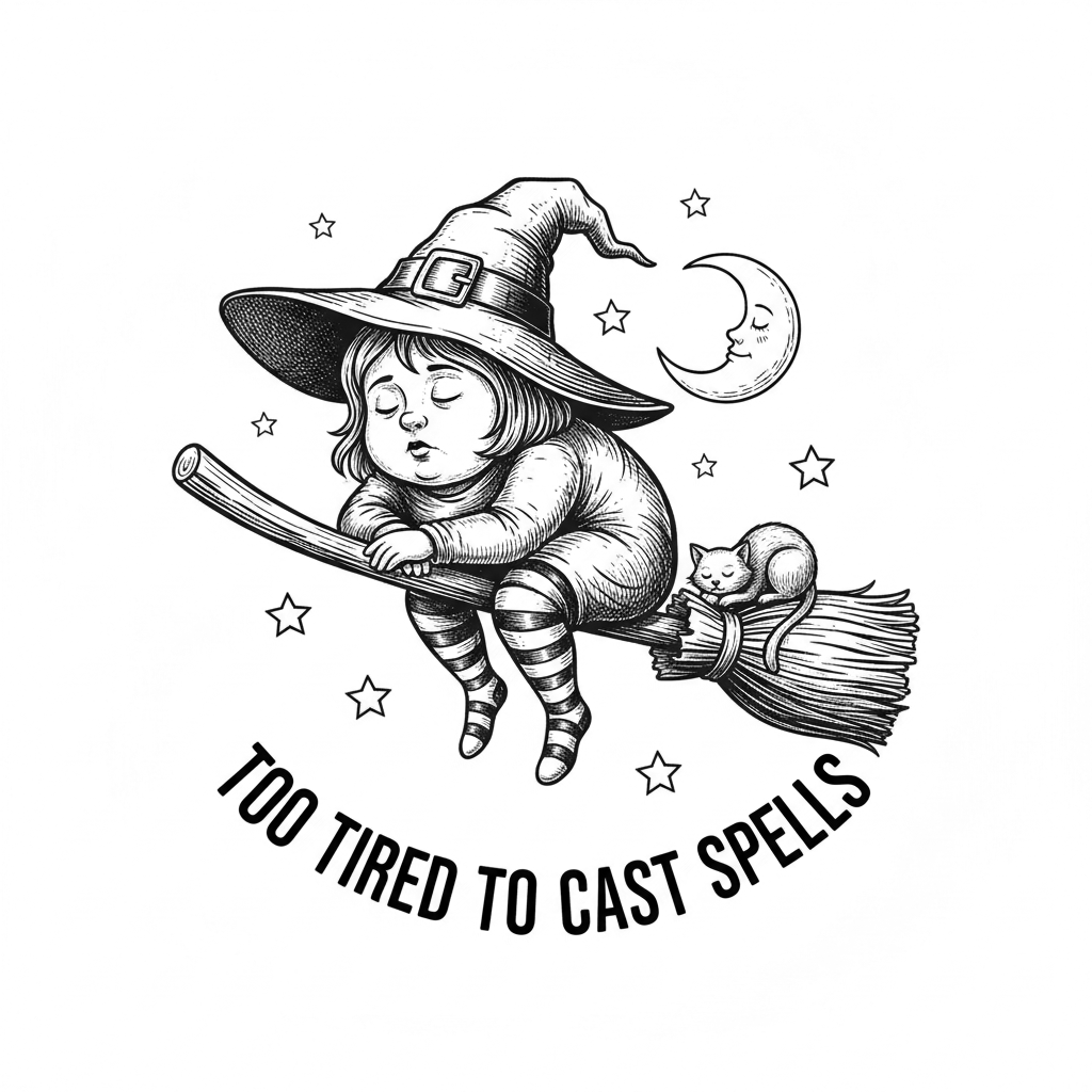 Extremely sleepy chubby cartoon witch napping on a crooked ...