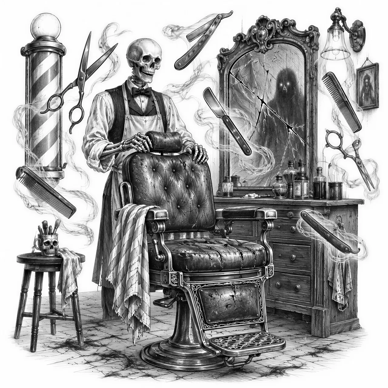 „The Haunted Barber Shop“ 💈
Darkly humorous vintage Halloween engraving, an abandoned old-fashioned barber shop where ghostly scissors, razors and combs float through the air, a skeleton barber waiting behind the chair, cracked mirror showing a mysterious shadow, Victorian engraving, intricate line art, monochrome, clean high contrast outlines, no text