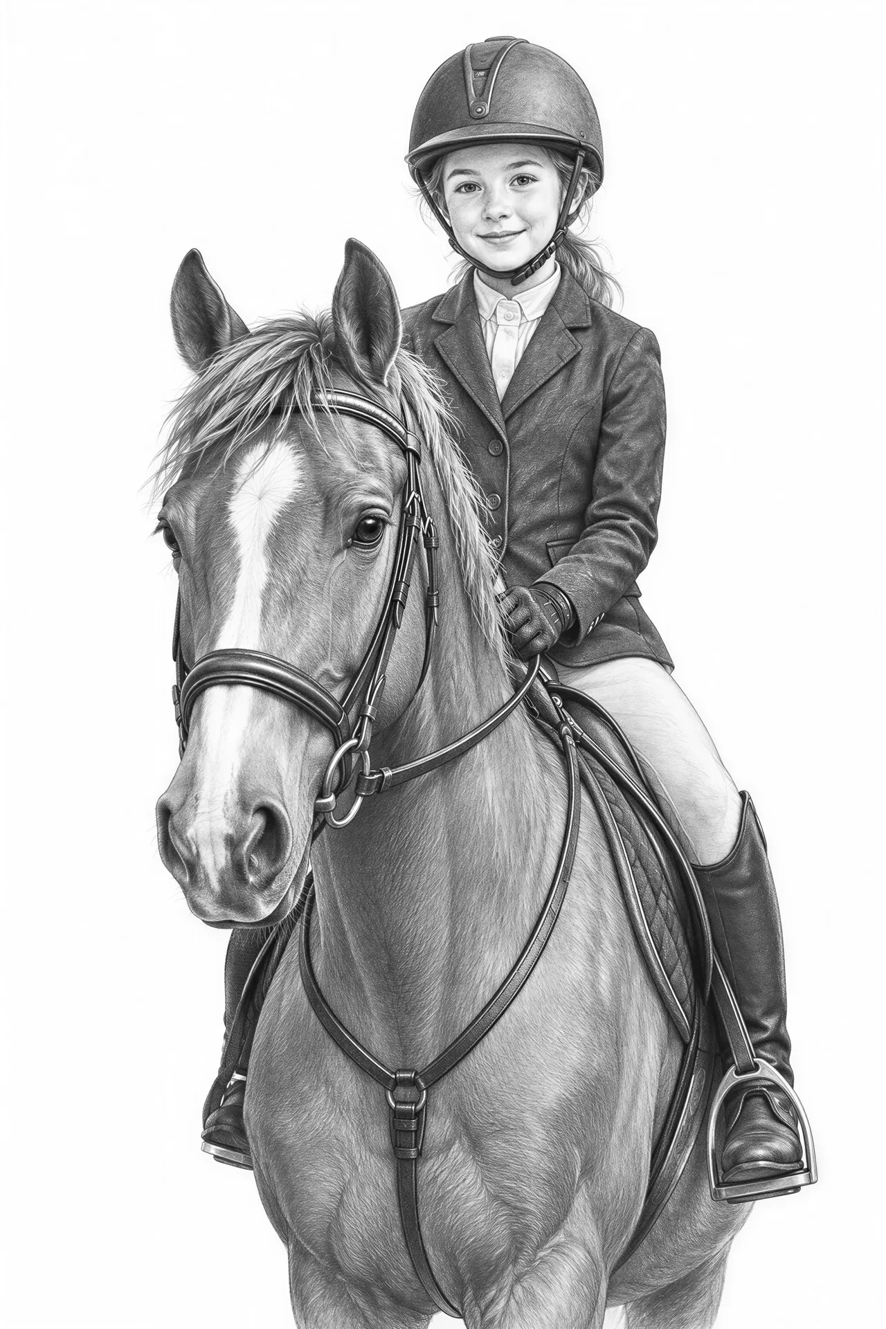 Realistisches Porträt: Kind auf Pferd
Graphite pencil drawing, young equestrian child riding a gentle horse, realistic pencil sketch, soft shading, fine details, pure white background, minimal shadows, perfect for engraving
Motiv: Realistisches Reiterporträt (Kind auf Pferd) mit klarem, weißem Hintergrund.