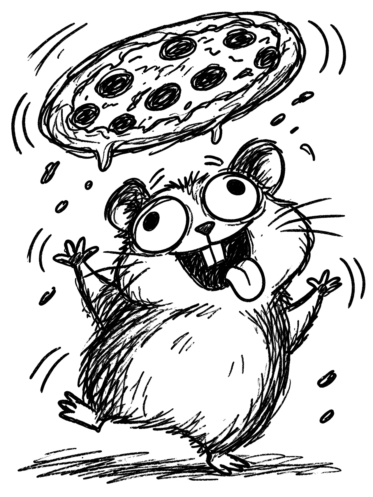 Ein verfressener Hamster, der versucht, eine ganze Pizza zu jonglieren, witzige Comic-Schraffur, große Kulleraugen