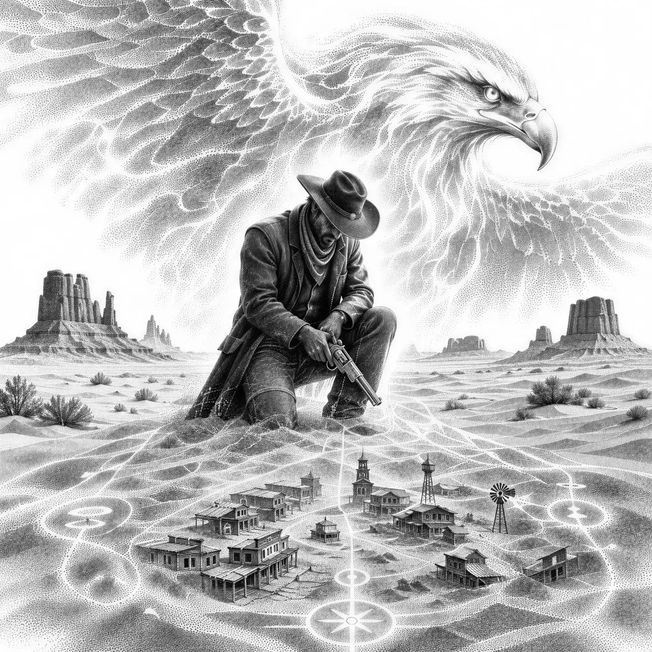Der Adler über dem verlorenen Reich
Ein Cowboy kniet allein in einer riesigen Wüstenlandschaft und hält einen alten verzierten Revolver in den Händen, über ihm verwandelt sich ein gigantischer Adler aus goldenem Licht langsam in einen uralten Geist, unter dem Sand erscheinen die Umrisse einer versunkenen Westernstadt, mystische Symbole leuchten im Boden, mythic American frontier fantasy, epic cinematic realism