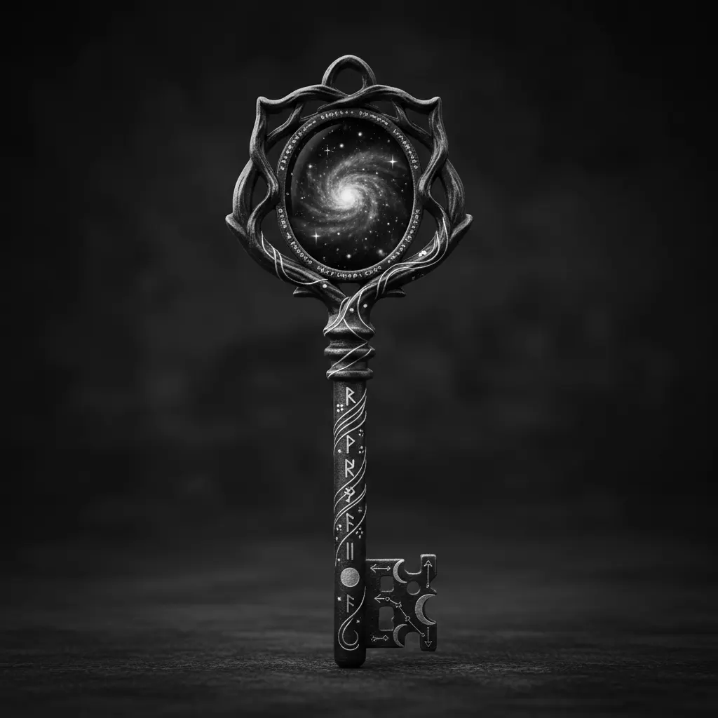 Ein alter schwarzer Schlüssel mit asymmetrischem Griff, im Griff befindet sich ein winziges Fenster mit einem fremden Sternenhimmel, feine silberne Gravuren, einzelne goldene Runen, mystisch, elegant, dark fantasy, centered object, isolated design, highly detailed.