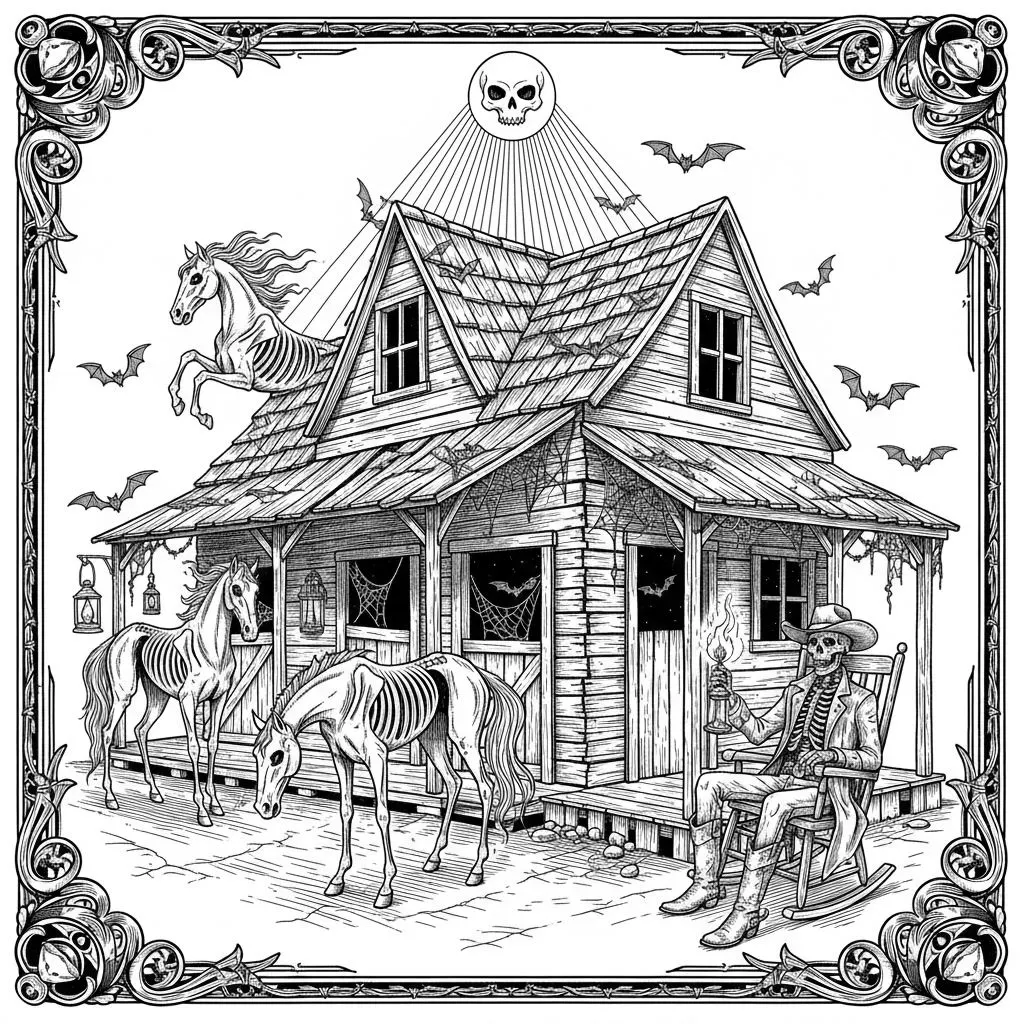 Haunted Horse Motel
Vintage Halloween engraving, haunted horse motel at midnight, three ghost horses standing outside crooked wooden stalls, skeleton cowboy sitting in a rocking chair, bats, lanterns, cobwebs, old western atmosphere, highly detailed black and white line art, bold clean outlines, symmetrical composition, no color, no background, no text
