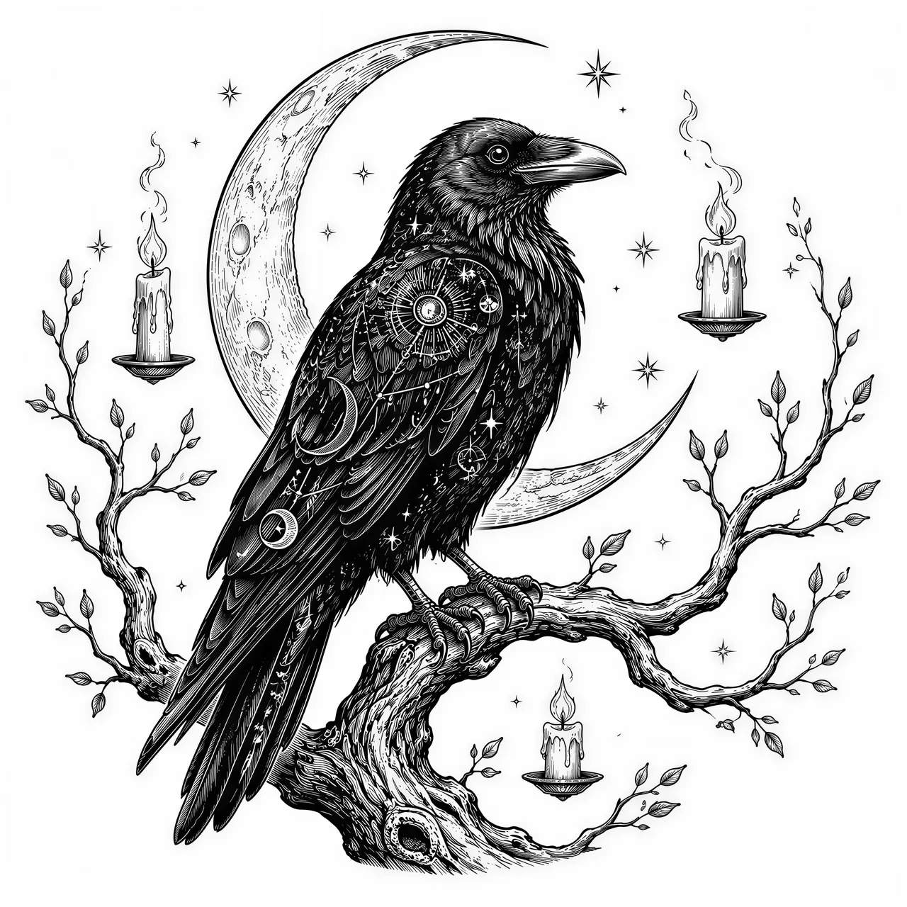 A majestic raven perched on an ancient crooked branch beneath a large crescent moon. The raven’s feathers subtly contain magical celestial patterns, tiny stars and mystical symbols. Small floating candles and delicate branches frame the composition. Mysterious gothic magic, elegant Halloween atmosphere, timeless fantasy artwork. Centered balanced composition, clear silhouette, readable at small size, suitable for coasters, signs, bookmarks, keychains and wall decorations. Monochrome black and white line engraving, bold contours, controlled details, clean negative space, no gradients, no grayscale, no color.Designed as a scalable engraving master artwork, clearly readable from 2 inches to 12 inches, with strong outer contours, simplified recognizable shapes, balanced negative space, and no elements touching or crossing the outer edge