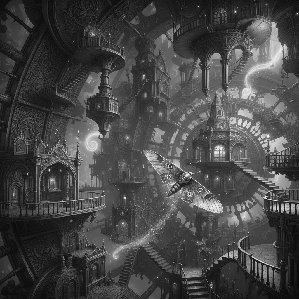Das Innere einer gigantischen antiken Uhr, statt Zahnrädern befinden sich darin winzige Treppen, Türen und schwebende Räume, eine einzelne goldene Motte bewegt sich durch das Uhrwerk, geheimnisvoller blauer Nebel, bronze, schwarz und gold, surreal magical realism, intricate details.