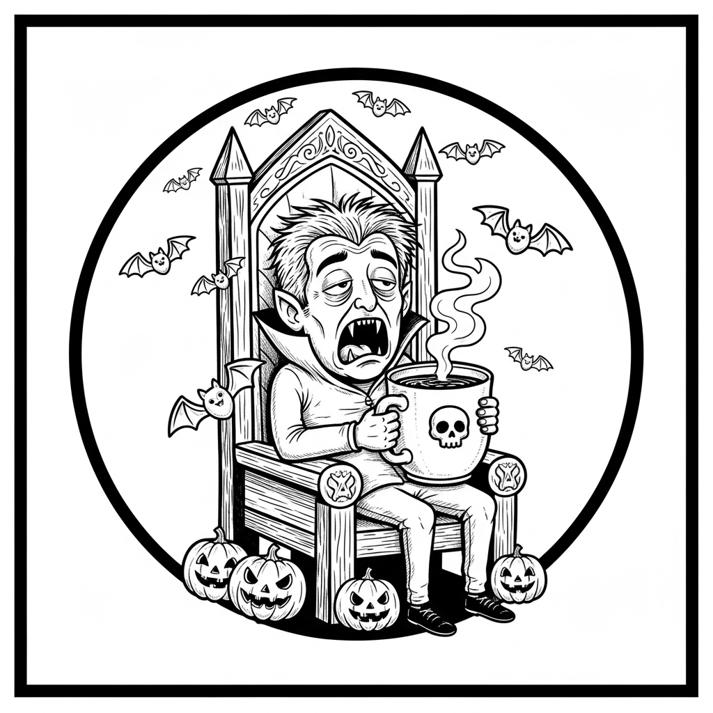 Funny Halloween vampire sitting with a large coffee cup, sleepy expression, messy hair, fangs visible, bats and tiny pumpkins around him, humorous gothic illustration, highly detailed pencil engraving, black and white, strong contrast, circular composition, no text, no color