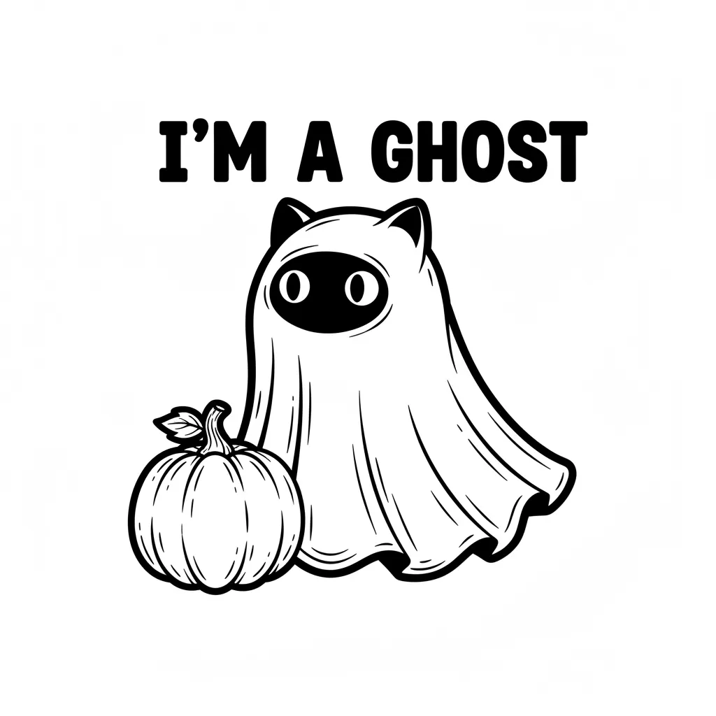 Eine schwarze Katze sitzt neben einem Kürbis, trägt aber ein viel zu kleines Geisterkostüm. Nur die Augen schauen aus dem Kostüm. Über ihr steht „I'M A GHOST“. Niedlich, lustig, minimalistisch, klare Konturen, perfekt für Lesezeichen und Schlüsselanhänger. monochrome vector engraving design, black and white only, bold clean outlines, strong silhouette, minimal interior details, no gradients, no gray, no shadows, no background clutter, no realistic textures, suitable for laser engraving, wood burning, pyrography, CNC carving, SVG-style artwork, clean negative space, high contrast