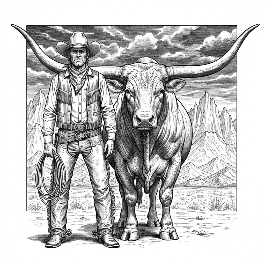 A classic Wild West cowboy standing beside a massive Texas Longhorn bull, both facing forward, cowboy hat, leather boots and western clothing, dramatic desert mountains behind them, highly detailed pencil engraving, black and white, strong contrast, clean outlines, intricate details, no color, no text
