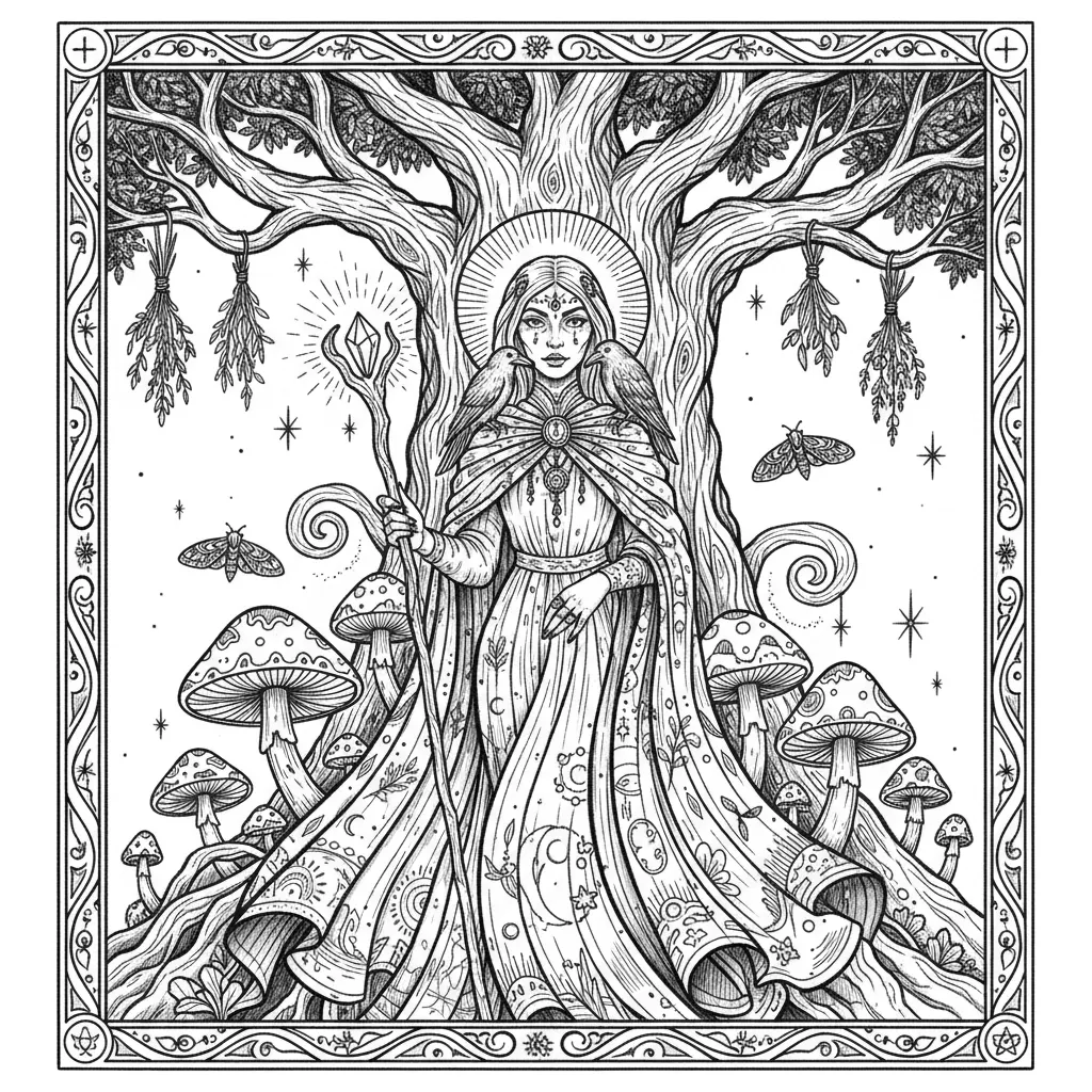 Mystical forest witch standing beneath an enormous ancient tree, long cloak flowing around her, holding a glowing magical staff, surrounded by mushrooms, ravens, moths, herbs and tiny floating stars, moonlight forming a halo behind her, ornate tarot card frame, symmetrical ornamental composition, dark green, burgundy, midnight blue and antique gold, elegant vector art, clean outlines, flat colors, intricate magical details, vintage occult illustration.