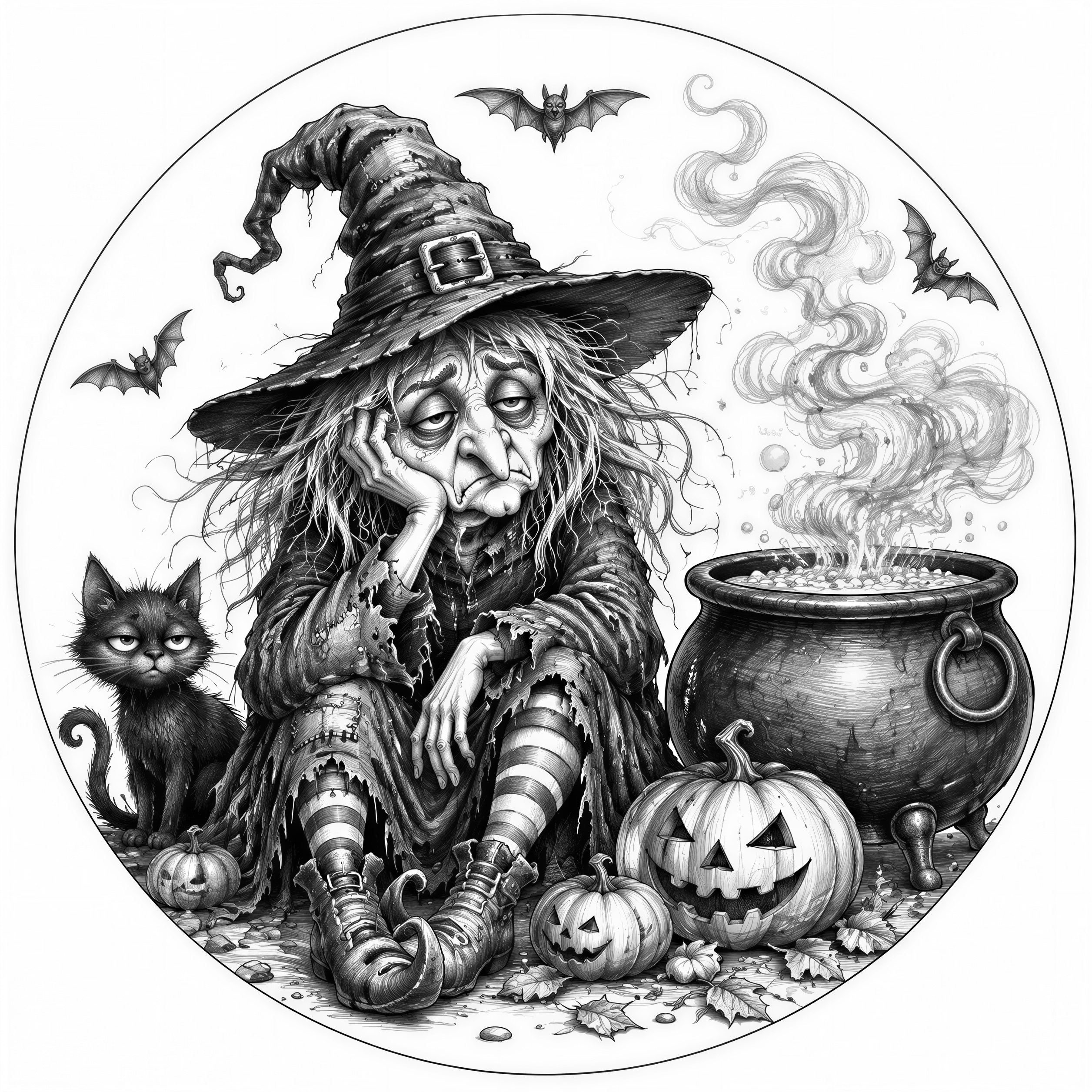 Funny Halloween witch sitting beside her magical cauldron looking completely exhausted, crooked hat, messy hair, tiny black cat beside her, pumpkins, bats and magical smoke, humorous spooky illustration, detailed pencil engraving, black and white, strong contrast, clean outlines, circular coaster design, no text, no color