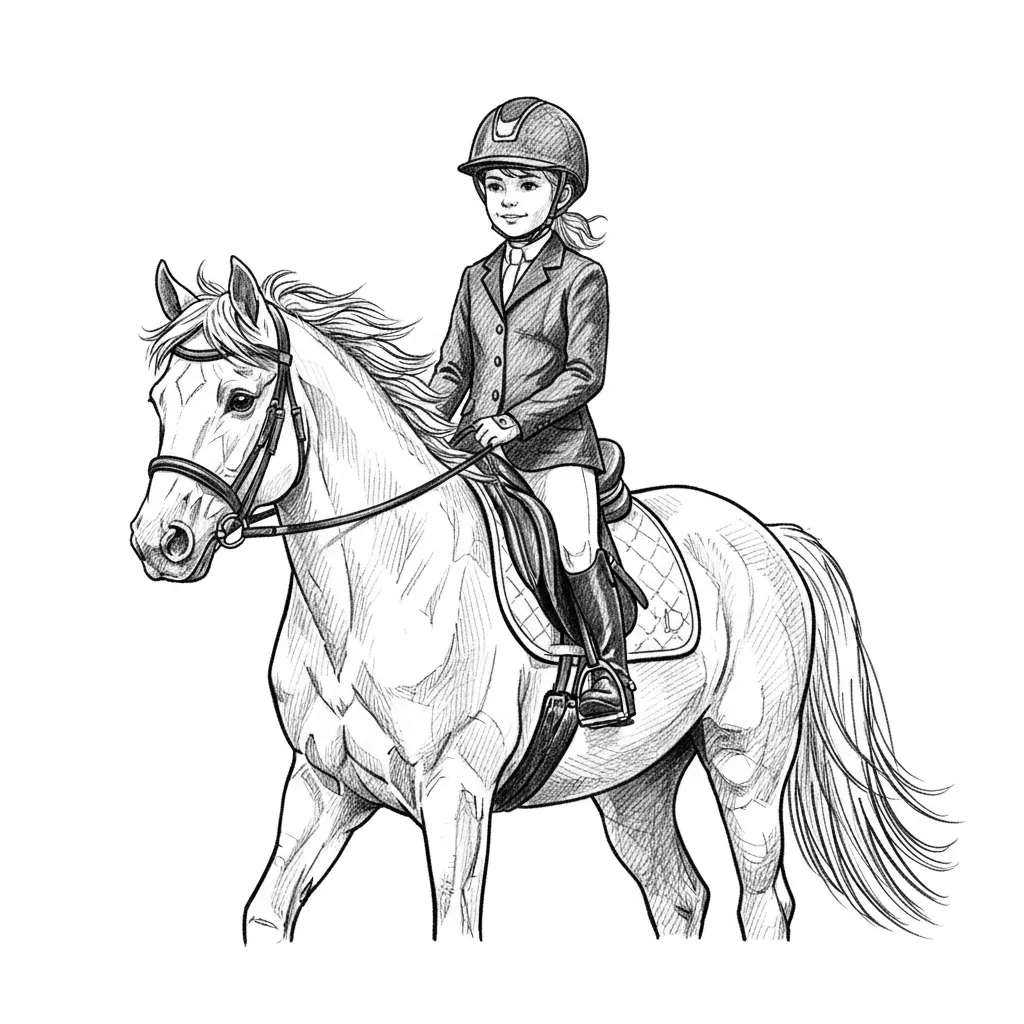 Realistisches Porträt: Kind auf Pferd
Graphite pencil drawing, young equestrian child riding a gentle horse, realistic pencil sketch, soft shading, fine details, pure white background, minimal shadows, perfect for engraving
Motiv: Realistisches Reiterporträt (Kind auf Pferd) mit klarem, weißem Hintergrund.