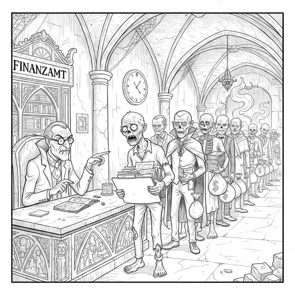 Ein uraltes Finanzamt tief unter der Erde, in dem Vampire, Zombies und Geister Schlange stehen, um ihre Steuererklärung abzugeben. Der Sachbearbeiter ist ein 500 Jahre alter Vampir mit Lesebrille und extrem schlechter Laune. Ein Zombie hält einen Ordner voller fehlender Formulare. Unheimlich, trocken-humorvoll, grotesk, cinematic lighting.