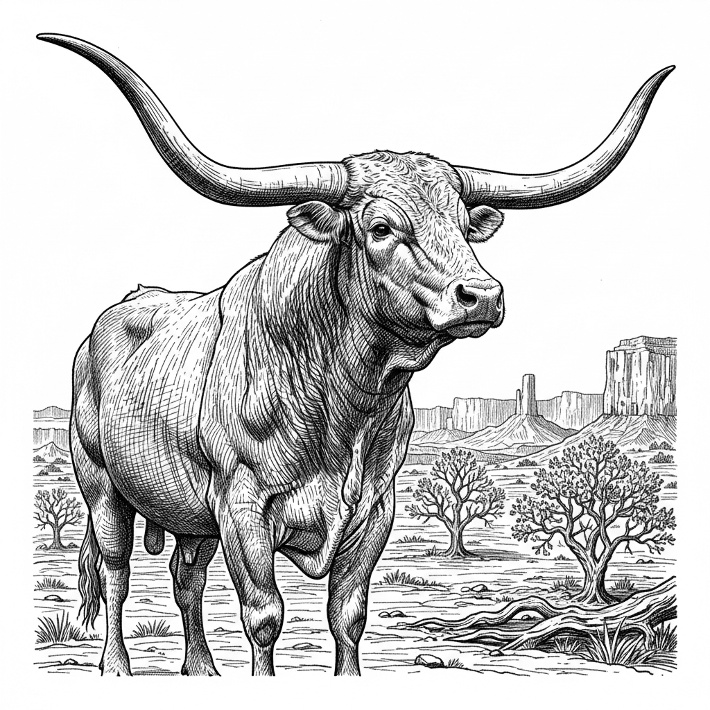 A majestic Texas Longhorn bull standing proudly, enormous curved horns, detailed fur, strong muscular body, dramatic western landscape behind him, highly detailed pencil engraving, black and white, strong contrast, extremely detailed linework, clean contours, no color, no text, white background, perfect for laser engraving