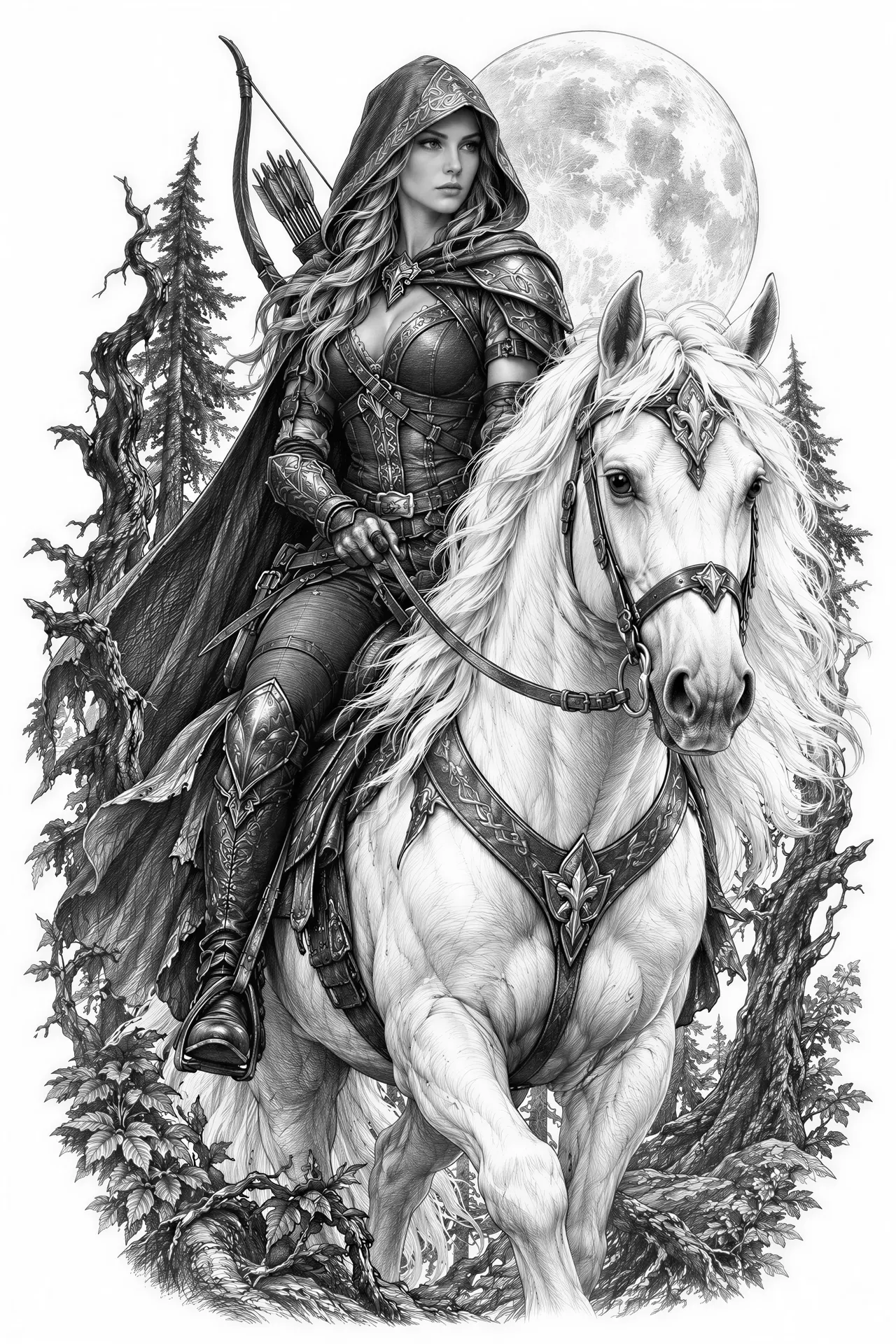 1. Fantasy-Reiterin (im Stil der Wald-Jägerin)
Master pencil sketch, detailed hooded female ranger riding a majestic white horse through an enchanted dark forest, full moon in background, wearing ornate leather and steel armor, intricate line art, crosshatching, high contrast for laser engraving, clean white background
Motiv: Detailreiche Waldläuferin mit Kapuze und Rüstung auf einem Schimmel bei Vollmond.