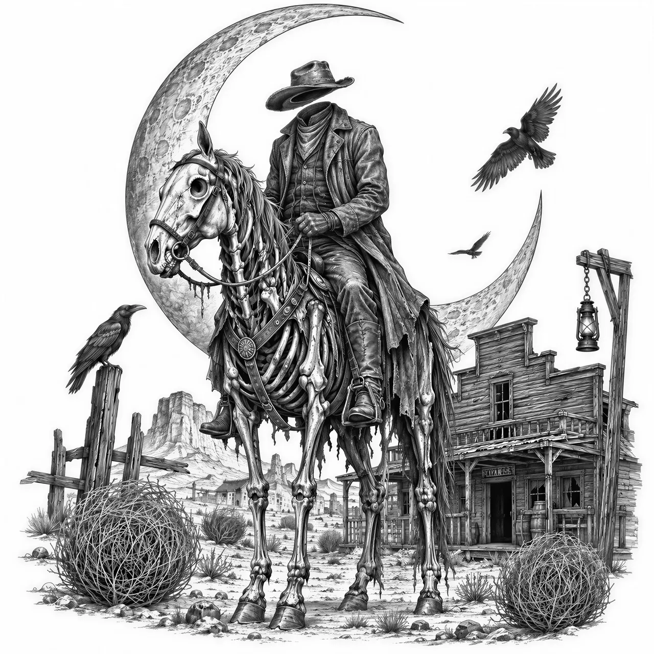The Last Horseman“ 🐎
Unique western gothic Halloween engraving, a mysterious headless cowboy sitting silently on a skeletal horse beneath a giant crescent moon, abandoned wooden saloon in the background, tumbleweeds, ravens, hanging lantern, vintage American engraving style, extremely detailed black and white line art, clean outlines, no text, suitable for laser engraving