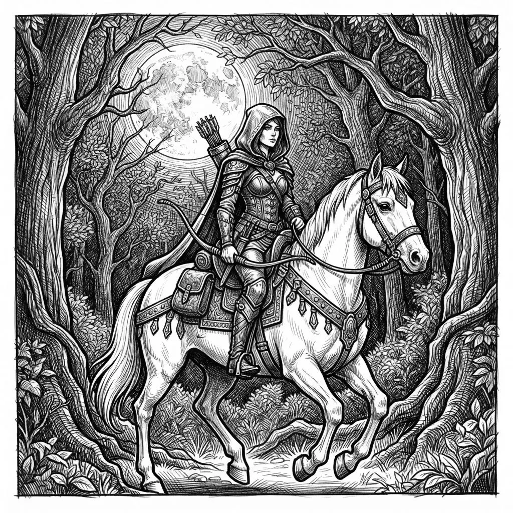 1. Fantasy-Reiterin (im Stil der Wald-Jägerin)
Master pencil sketch, detailed hooded female ranger riding a majestic white horse through an enchanted dark forest, full moon in background, wearing ornate leather and steel armor, intricate line art, crosshatching, high contrast for laser engraving, clean white background
Motiv: Detailreiche Waldläuferin mit Kapuze und Rüstung auf einem Schimmel bei Vollmond.