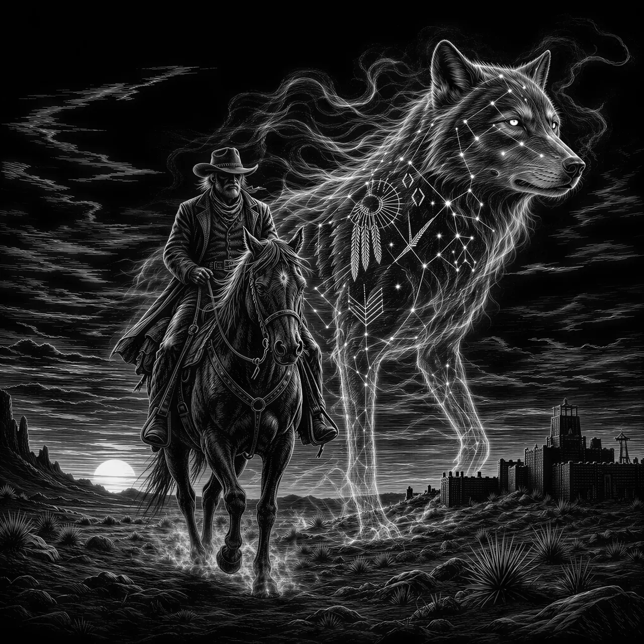 Der Mythos vom Silberwolf
Ein alter Revolverheld reitet bei Sonnenuntergang durch eine rote Wüstenlandschaft, neben seinem Pferd läuft ein gigantischer transparenter Wolf aus silbernem Nebel, dessen Körper mit alten indianisch inspirierten Sternenkonstellationen durchzogen ist, am Horizont steht ein verlassenes Fort, mystische Atmosphäre, legendary western folklore, epic wide shot, cinematic realism