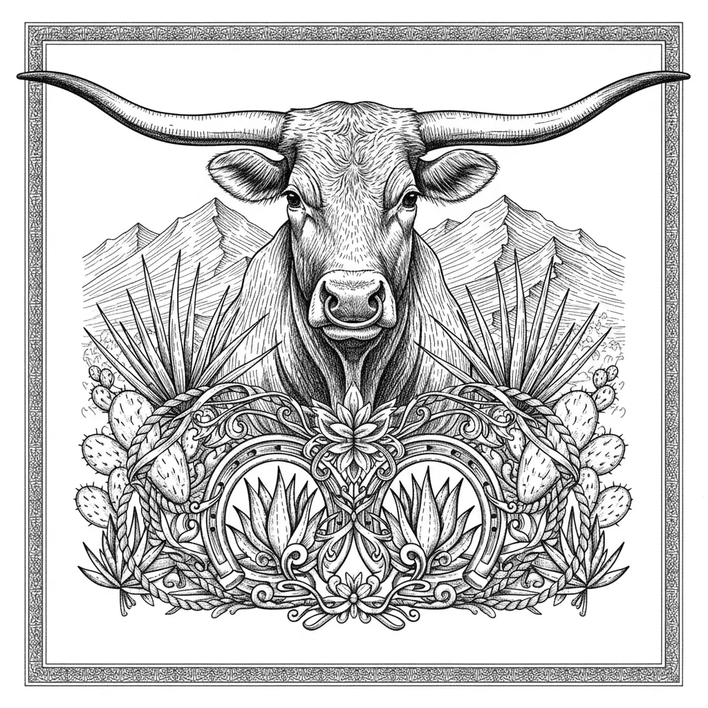 A magnificent Texas Longhorn cow with enormous horns, surrounded by western ornamental decorations, horseshoes, rope, desert plants and subtle mountains, symmetrical composition, highly detailed pencil engraving, black and white, strong contrast, intricate fine lines, no color, no text, laser engraving design