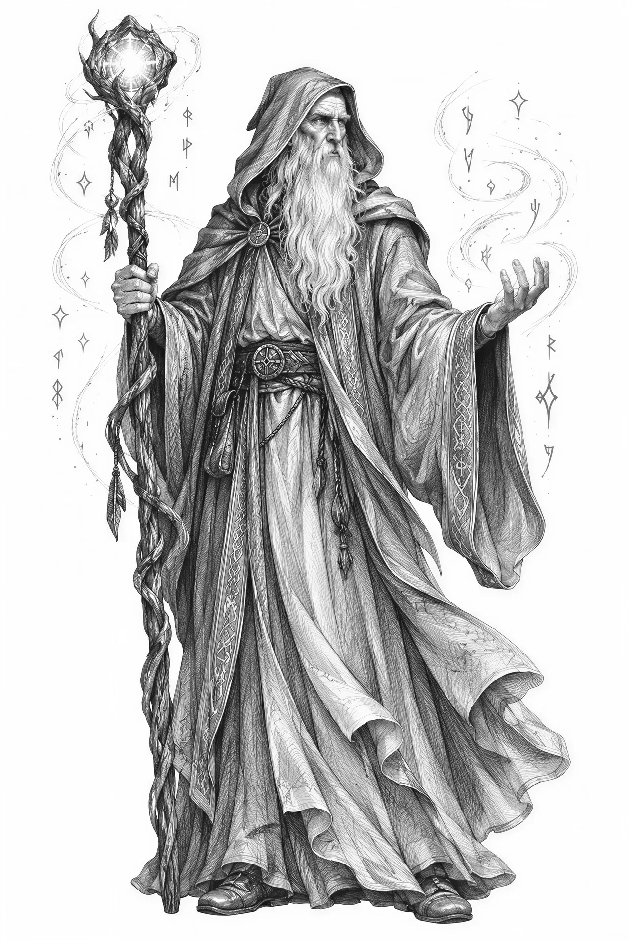 Intricate pencil illustration, wise old sorcerer holding a glowing wooden staff, flowing robes, surrounded by subtle magic runes, fine stippling and hatching, clean outline, vector witch style
Motiv: Zauberer mit Holzstab, fließenden Gewändern und feinen Schraffuren.