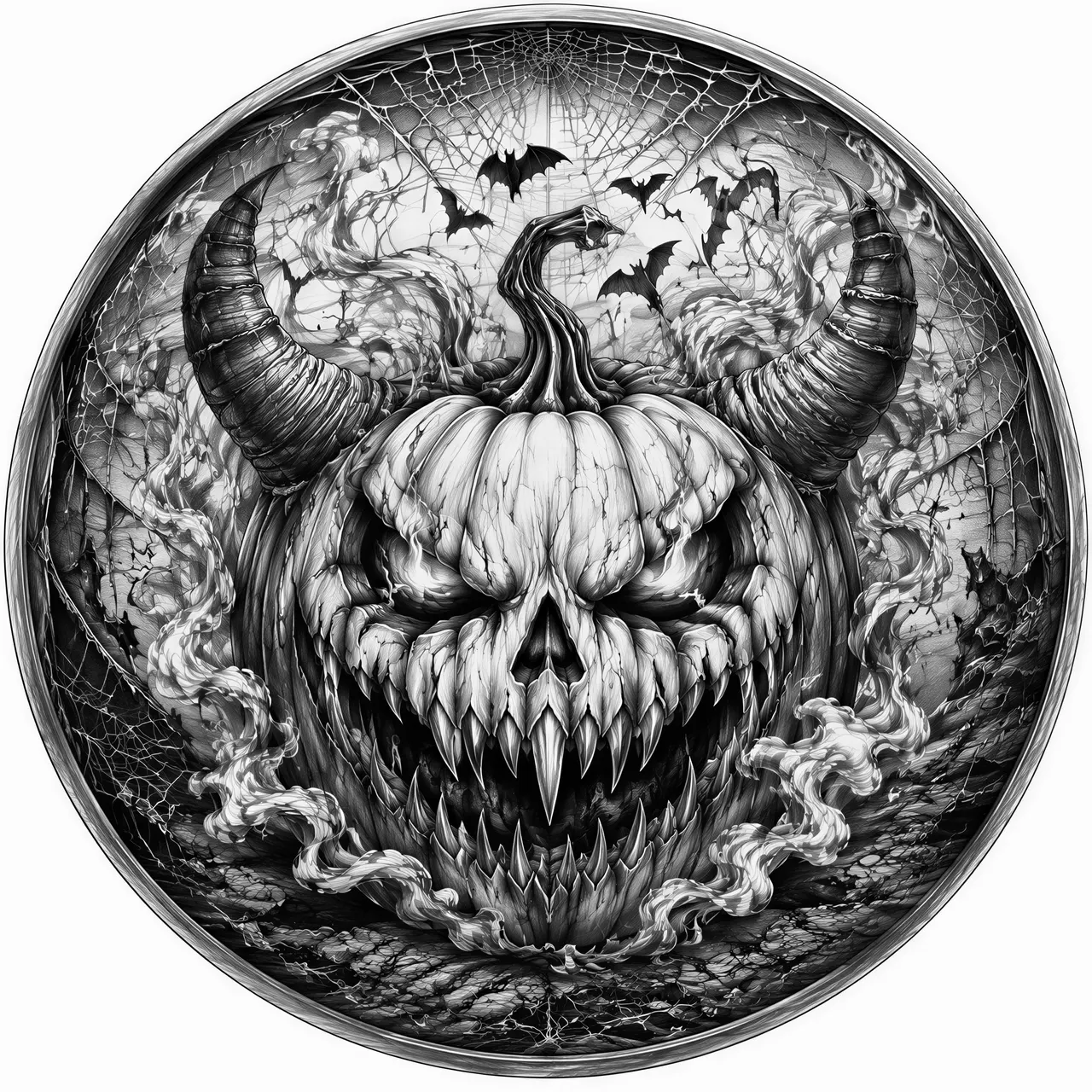 Round horror Halloween coaster featuring a demonic carved pumpkin with sharp teeth, dark hollow eyes, twisted horns and smoke rising around it, bats and spider webs, terrifying gothic atmosphere, extremely detailed pencil engraving, black and white, strong contrast, bold outlines, circular composition, no text, no color