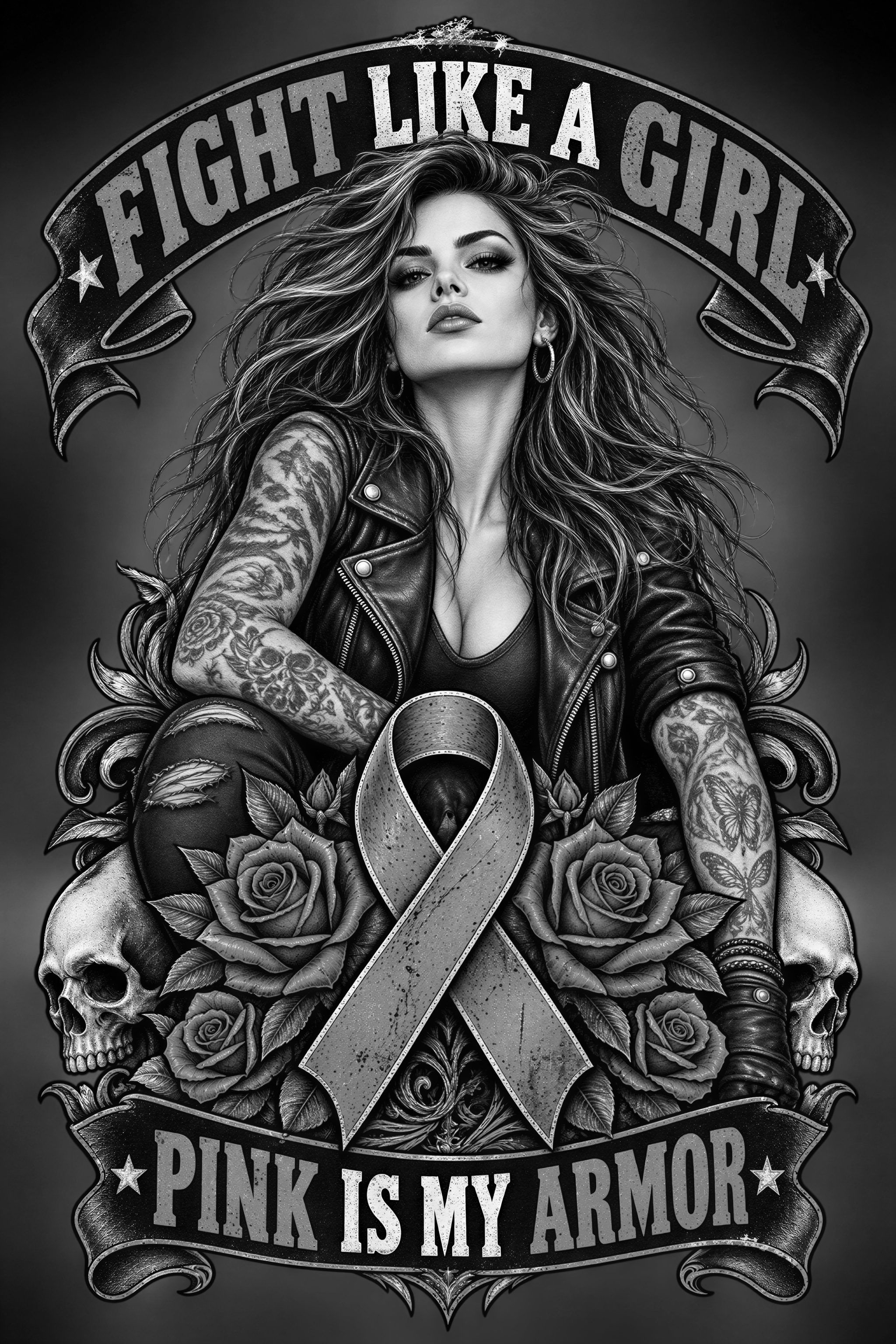 Design a badass female rock queen with long wild hair, tattooed - Free ...