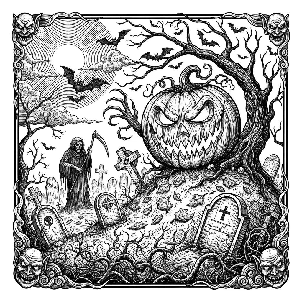 Erstelle mir ein helloween Bild, mit grusel,