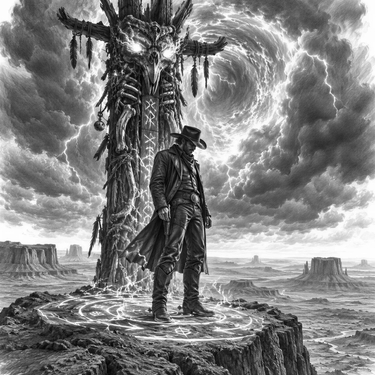 Der Cowboy mit dem Feuertotem
Ein einsamer Cowboy steht auf einer Klippe über einer endlosen Wüste, hinter ihm erhebt sich ein gigantisches Totem aus verkohlten Knochen und Holz, dessen Augen wie flüssiges Feuer glühen, um seine Stiefel kreisen leuchtende Runen im Sand, Gewitterwolken bilden ein mystisches Portal am Himmel, epischer Dark-Western, ancient magic, cinematic composition, dramatic lighting, highly detailed