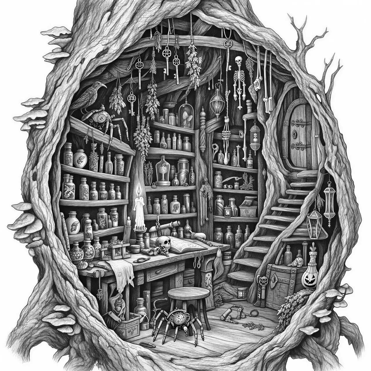 The Witch’s Forgotten Workshop“
Intricate vintage engraving of an abandoned witchcraft workshop hidden inside a giant hollow tree, hundreds of tiny mysterious bottles, mechanical spiders, hanging keys, miniature skeleton tools, one crooked candle, secret door, whimsical dark Halloween atmosphere, extremely detailed line art, monochrome, clean outlines, high contrast, laser engraving style