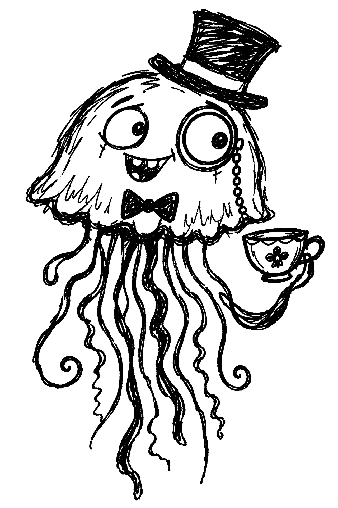 Eine schwebende Qualle mit einer viktorianischen Teetasse und einem Monokel, cartoonhaftes Schaberitz-Design, dunkle Ästhetik mit klaren weißen Linien.“