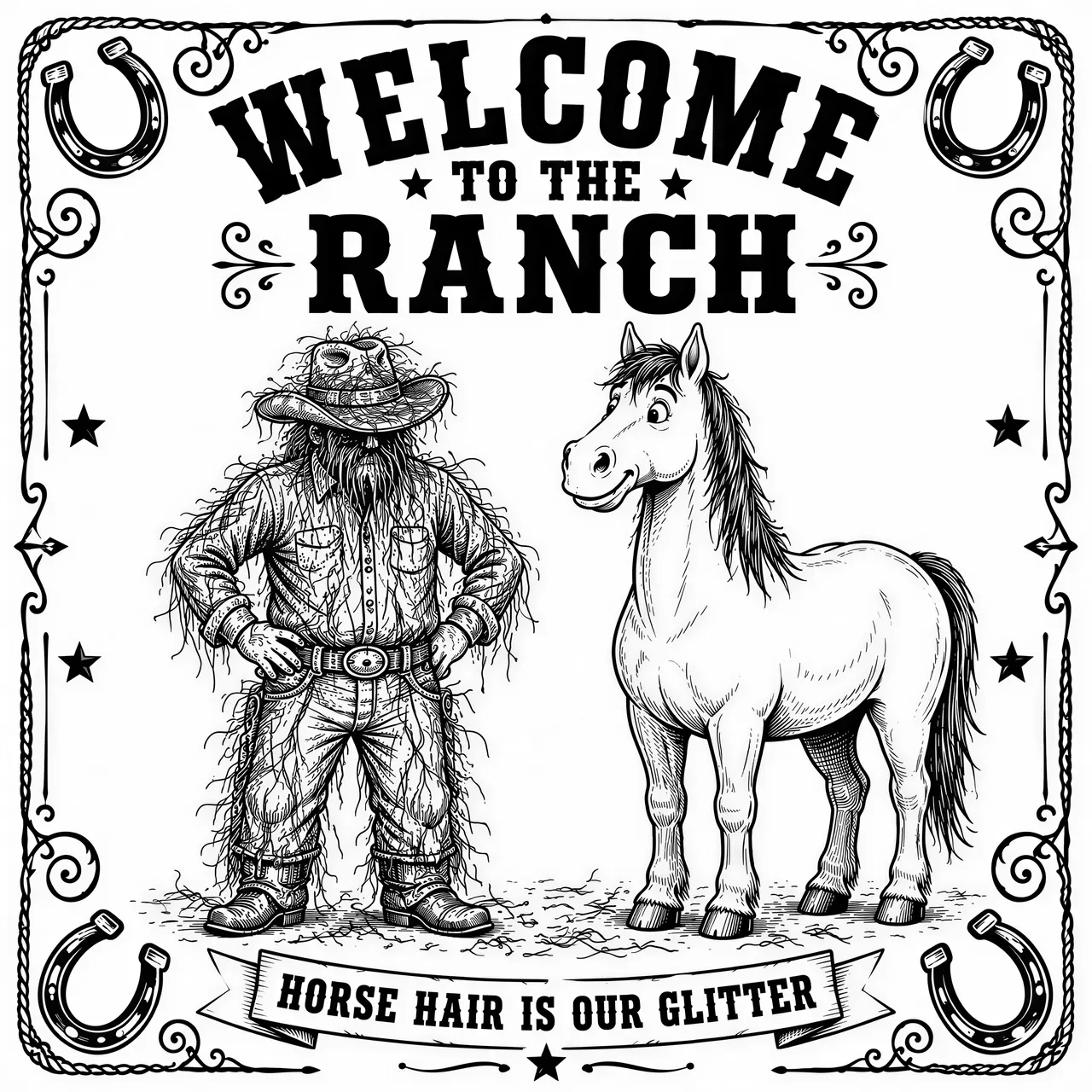 A funny horse ranch scene showing a cowboy completely covered in horse hair. His hat, boots and clothes are covered in strands of hair while a happy horse stands beside him looking innocent.
Main text:
“WELCOME TO THE RANCH”
Secondary text:
“HORSE HAIR IS OUR GLITTER”
Whimsical western humor, rustic decorative border, horseshoes and small stars. Clear bold typography, black and white engraving artwork, strong outlines, limited details, no gradients, no gray, suitable for laser engraving and pyrography.