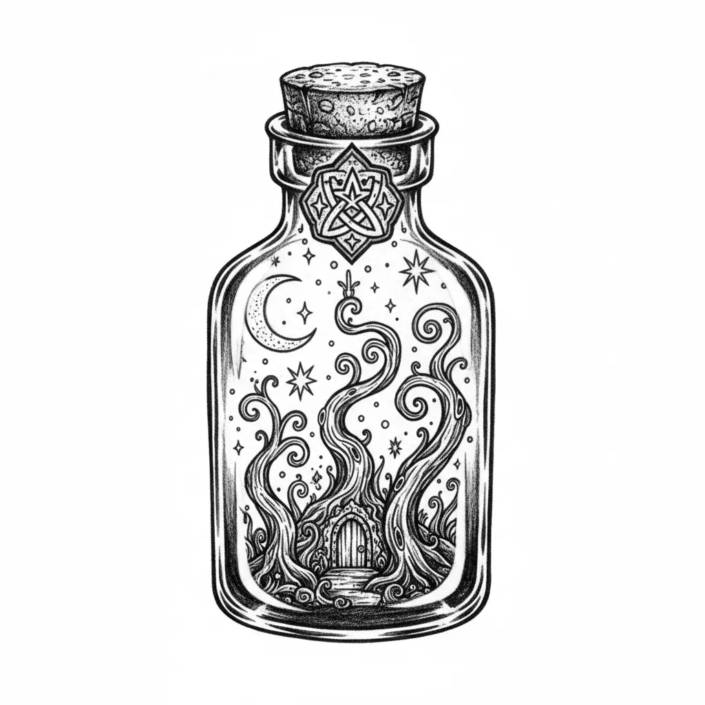 A tiny antique glass bottle containing an entire miniature enchanted forest, tiny moon, stars, twisted tree and mysterious doorway visible inside, cork sealed with an ornate symbol, magical collectible artifact, highly detailed pencil engraving, black and white, intricate linework, no text