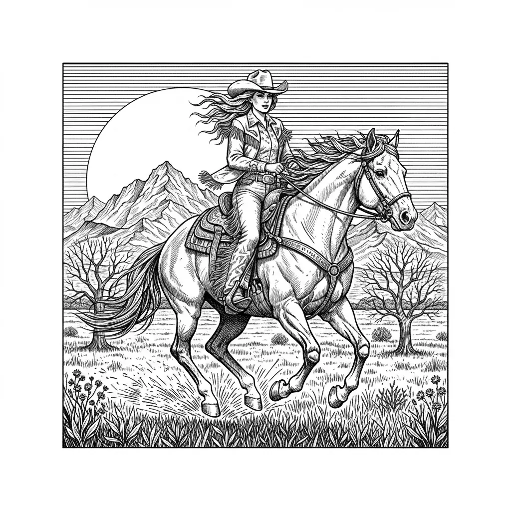 A fearless cowgirl riding a powerful western horse across the open prairie, cowboy hat, long flowing hair, western clothing and boots, dramatic mountains and sunset landscape, highly detailed pencil drawing, black and white, strong contrast, intricate engraving details, no color, no text, suitable for laser engraving