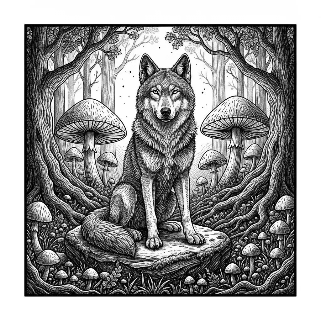 Ein majestätischer Wolfshund mit dichtem, detailliertem Fell sitzt auf einem moosbewachsenen Felsen in einem verwunschenen Zauberwald. Um ihn herum wachsen riesige, leuchtende Waldpilze, verschlungene Baumwurzeln und alte knorrige Eichen. Auf seiner Stirn leuchtet ein dezentes keltisches Runensymbol. Stil: Deep Engraving, tiefes 3D-Relief, extrem feine Details, starke Schwarz-Weiß-Kontraste, meisterhafte Holzschnitt- und Lasergravur-Optik.