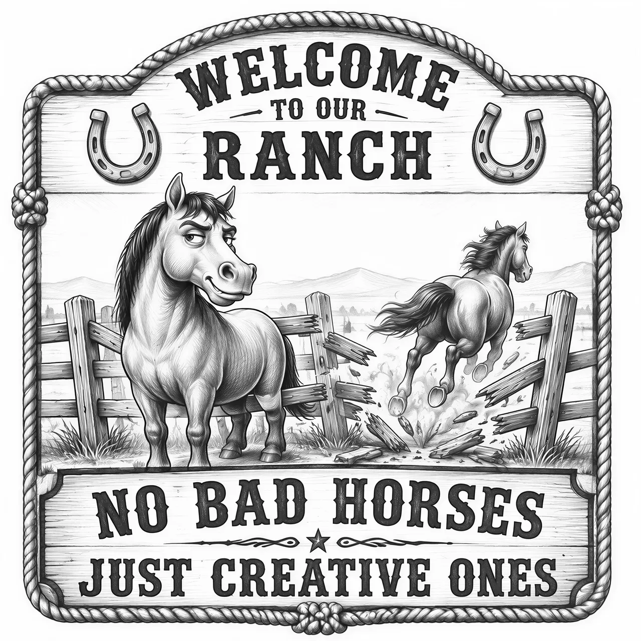 A funny western horse ranch sign showing a mischievous horse standing beside a broken fence, looking completely innocent. Behind the horse, another horse is clearly escaping through the broken fence. The first horse has a suspicious smile. Main text: “WELCOME TO OUR RANCH” Large humorous slogan: “NO BAD HORSES JUST CREATIVE ONES” Rustic western engraving aesthetic, decorative horseshoes and rope border, bold typography, clean outlines, simple recognizable shapes, monochrome black and white, designed for wood burning and laser engraving.