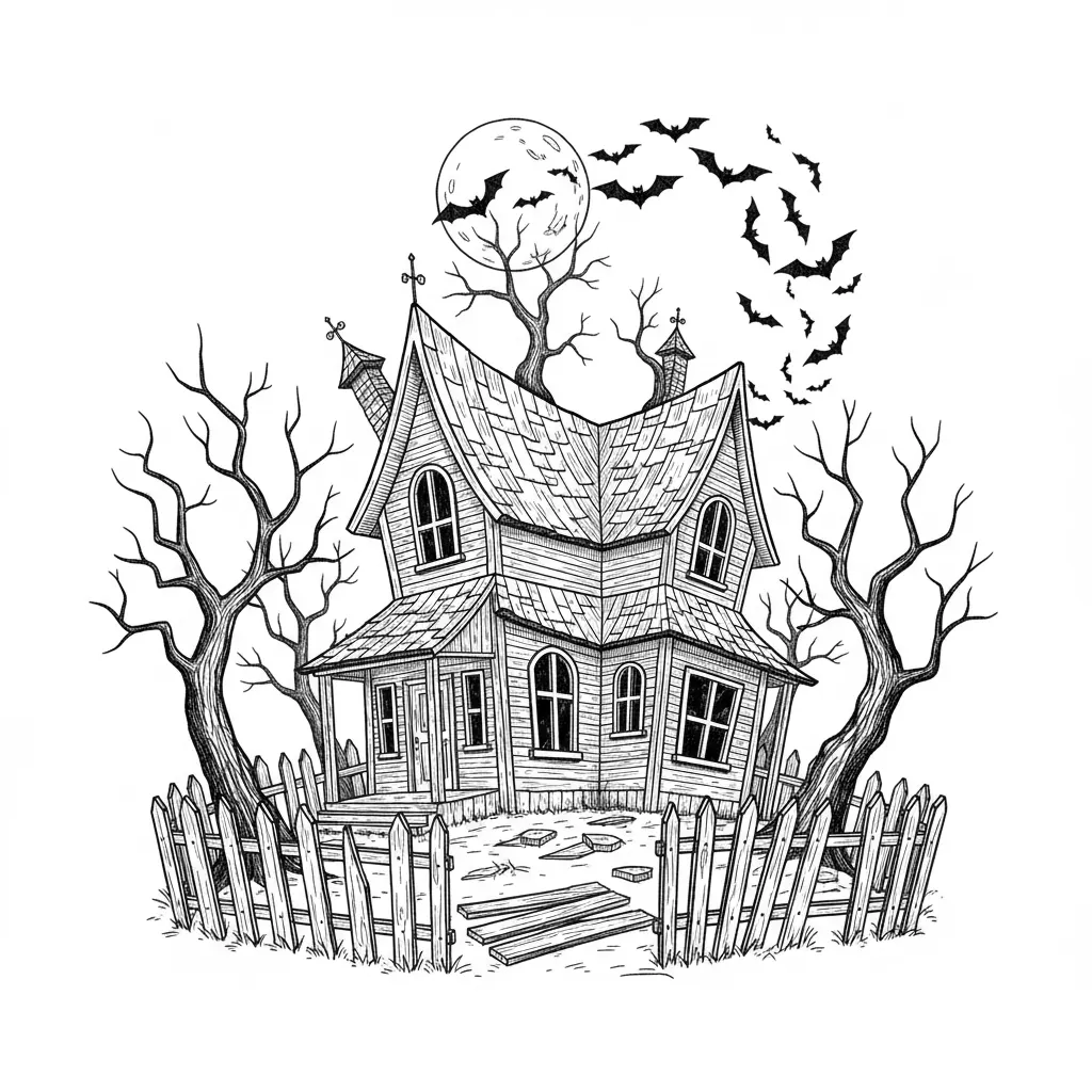 An abandoned haunted house on Halloween night, crooked windows, broken fence, dead trees, bats flying around the roof, full moon, twisted branches and eerie atmosphere, highly detailed pencil engraving, black and white, strong contrast, intricate linework, no color, no text, clean composition, laser engraving design