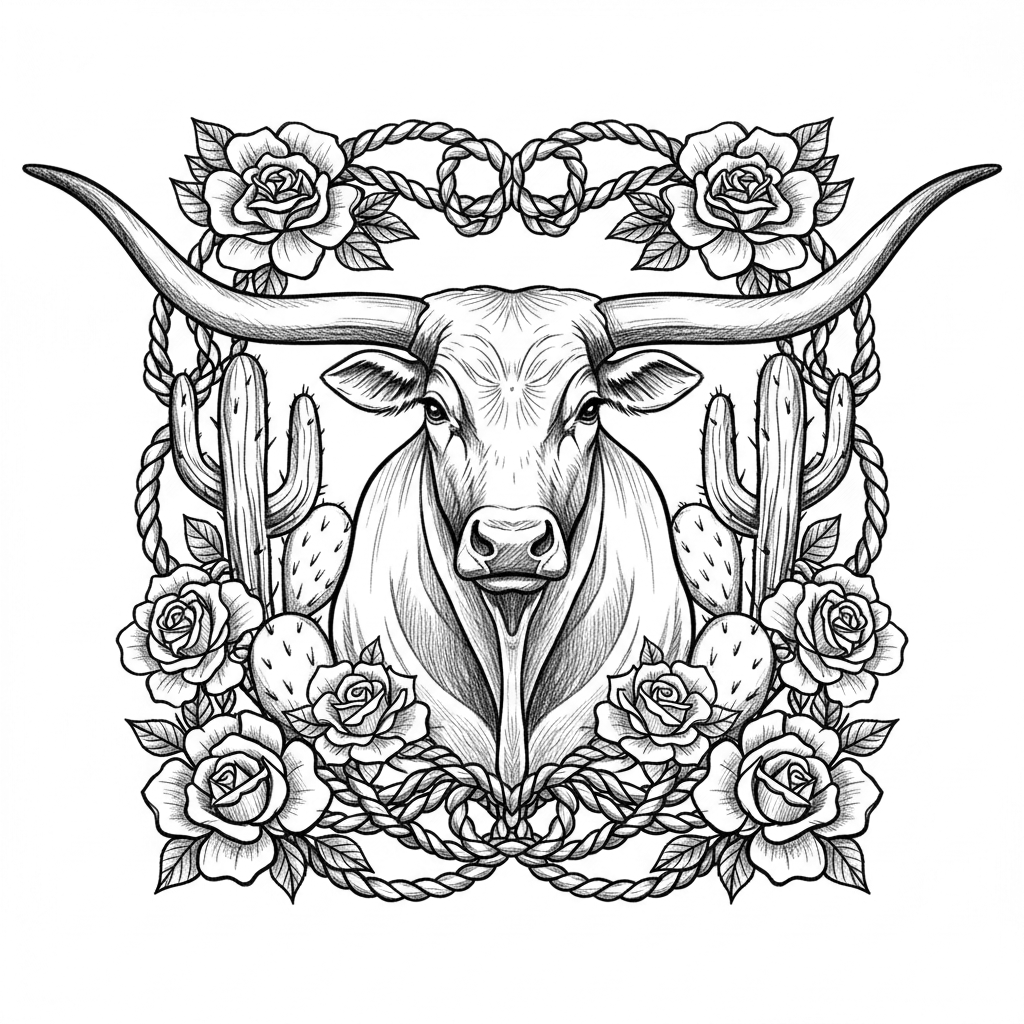 Elegant vertical bookmark featuring a majestic Texas Longhorn bull surrounded by detailed western roses, cactus and decorative rope, large curved horns forming a beautiful silhouette, symmetrical composition, highly detailed pencil engraving, black and white, strong contrast, intricate linework, no text, no color